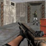 Image of First person perspective of a player aiming a gun in a dimly lit, industrial corridor. An armed enemy soldier stands guard in the distance.