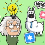 Image of a quirky cartoon character with a lightbulb above his head, symbolizing a bright idea, next to a smiling llama in a tie. Puzzle pieces with stars float around them on a bright green background, adding a playful touch.