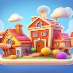 Image of a colorful and whimsical town with two cartoonish houses, featuring vibrant roofs and rounded windows, sitting on a small platform. A hand reaches out to interact with the town, suggesting playful and creative engagement in a puzzle-like environment. The scene is set against a bright, blue sky with fluffy clouds, capturing a lighthearted and fun atmosphere.