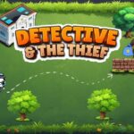 Image of the Detective & The Thief game thumbnail. It shows a cartoon-style detective plotting a path to catch a thief hiding behind a wall, all set against a vibrant green background with trees and a bank in the corner.