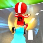 Image of a character in a red racing suit and helmet drifting around a sharp turn on a go-kart in the vibrant, fast-paced Drift At Will game. The glowing blue trail behind the kart adds a dynamic sense of speed as it zooms along a winding road.