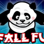 Image of a playful panda character with a determined expression, featured prominently against a dynamic, blue background. The panda's arms are outstretched, and it appears to be in mid-air, emphasizing the falling action. The game title, "Fall Fu," is displayed in bold, red and white text at the bottom, adding a sense of energy and excitement to the overall design. The background includes subtle bamboo elements, reinforcing the theme of the game.