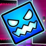 Image of a glowing blue cube with an intense, angry expression in Geometry Dash Horror. The colorful, neon-lit background adds to the eerie vibe, highlighting the spooky atmosphere of this thrilling platformer game.
