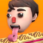 Image of a cartoon character with a long, extended tongue reaching out to a tray of delicious layered cakes, set against a bright orange background. The character's wide-eyed expression and exaggerated features add a humorous and playful touch, perfectly capturing the essence of the Perfect Tongue game.