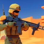 Image of a soldier in full tactical gear holding a rifle, depicted in a stylized, low-poly art style. The scene takes place in a desert-like environment with orange-hued buildings in the background, capturing the action and intensity of a mission in a combat zone. The soldier, wearing a helmet and visor, appears focused, ready to engage with enemies in a high-stakes scenario.