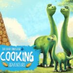 Image of Milo and Spike, two friendly dinosaurs, standing together in front of a tall stone structure in the vibrant setting of The Good Dinosaur Cooking Adventure game. The game's title is prominently displayed with corn icons, highlighting the fun culinary adventure.