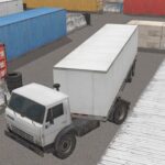 Image of a large white truck with a box trailer navigating a confined area filled with colorful shipping containers. The truck is positioned near stacks of containers, exemplifying the parking challenges in the Truck Space 2 game.