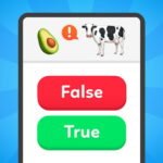 Image of a quiz game screen showing two buttons: a red "False" button and a green "True" button. Above the buttons, there's an image of an avocado, an exclamation mark, and a cow on a bright blue background.