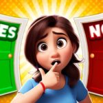 Image of a young, animated girl standing thoughtfully between two brightly colored doors. The door on the left is green with the word "YES" written in bold white letters, while the door on the right is red with the word "NO" displayed prominently. The girl's expression is one of uncertainty, as she contemplates her decision. The background features a burst of yellow light, emphasizing the game's decision-making theme.