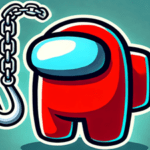Image of a red Among Us character, also known as a crewmate, holding a hook chain. The character is standing on a green background. The hook chain is attached to the crewmate's hand and dangles down, ready to be used. The crewmate's visor is lit up blue, indicating that they are alive and well. The overall image is colorful and playful, and it suggests that the crewmate is ready to take on the impostors in the game.
