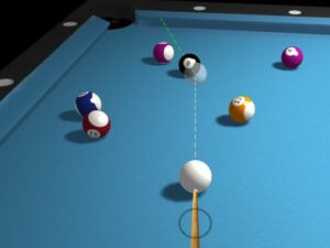 Image of a 3D pool table with a white cue ball, a red eight ball, and several other colored balls. The cue ball is positioned to hit the eight ball. A dotted line shows the intended trajectory of the cue ball.