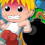 Image of a cartoon character with blond hair, red pants, and a white tank top, running away from a large bomb with a lit fuse in a colorful, outdoor setting. The character's face shows an expression of fear and urgency as the bomb is about to explode.