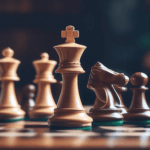 Image of a chessboard with several pieces positioned. The white queen, a tall, elegant piece, stands prominently in the foreground. Surrounding her are other white and black pieces, including a knight, a bishop, and several pawns. The dark background and dim lighting create a dramatic atmosphere, emphasizing the intensity and strategy involved in the game of chess.