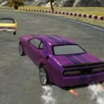 Image of a purple Dodge Challenger SRT Hellcat racing car, adorned with striking purple stripes, drifting on a curved track. The car's tires squeal and kick up smoke as it navigates the sharp bend with expert precision. In the distance, a yellow muscle car, also engaged in the race, struggles to keep up with the Hellcat's impressive speed and agility. The backdrop showcases a picturesque landscape, complete with palm trees swaying in the breeze and rolling hills in the distance. The overall scene captures the thrill and excitement of high-speed racing.