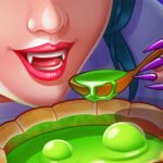 Image of a close-up of a vampire woman's face, with fangs, red lips, and purple nail polish, as she takes a spoonful of green bubbling potion from a cauldron.