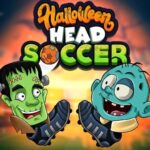 Image of two cartoon soccer players, Frankenstein and a zombie, facing off on a soccer field. The image features a Halloween-themed background and a soccer ball in the center. The two characters are wearing soccer uniforms and cleats, and they have exaggerated facial expressions. The Frankenstein character has a green face and a bolt in his neck, while the zombie character has a gray face and a vacant stare.