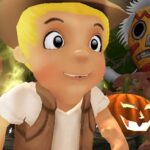 Image of a young boy with a surprised expression on his face, running away from a scary tiki mask and a jack-o'-lantern. The boy is wearing a hat and a vest, and he appears to be in a jungle setting.