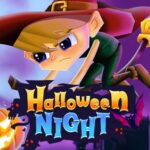 Image of a young boy dressed as a witch, flying on a broomstick through a spooky Halloween night landscape. The boy has a determined expression on his face as he navigates through a graveyard filled with tombstones and haunted houses. A large, glowing pumpkin sits on the ground below, and a full moon shines brightly in the night sky.