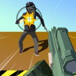 Image of a first-person shooter game where the player character aims a large, powerful gun at a menacing zombie. The zombie, wearing a hooded sweatshirt, lunges forward with a knife in hand, its eyes filled with rage. The player's gun is equipped with a scope, and a crosshair is visible in the center of the screen. A bright explosion erupts from the zombie's chest, indicating that the player has successfully fired a shot. The background is a barren desert landscape, with a yellow warning sign in the foreground. The overall atmosphere of the image is tense and action-packed, capturing the intensity of a zombie apocalypse.