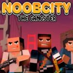 Image of three blocky, pixelated characters from the game Noob City The Gangster standing armed with weapons, against a city backdrop, with a red sky and a bridge in the distance, resembling a Minecraft-style aesthetic.
