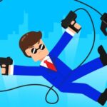 Image of a secret agent in a sleek blue suit mid-air, using dual grappling hooks to swing between buildings in a vibrant cityscape. The character is wearing black sunglasses, showcasing a cool, confident demeanor as he dodges enemies and navigates obstacles. This scene captures the action-packed puzzle gameplay of Hook Master Mafia City, where players must use quick reflexes and strategy to solve challenges, escape danger, and collect rewards, all while swinging through the urban jungle with precise grappling hook moves.