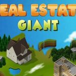 Image of a game title screen for Real Estate Giant. The title is displayed in large, colorful letters, with "REAL ESTATE" in orange and "GIANT" in yellow. The background features a cartoon-style map of a city with various properties, including a large house, a smaller house, and an apartment building. Trees, a river, and a lake are also visible on the map.