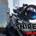 Image of a high-tech sniper rifle with a precision scope aimed towards a modern cityscape in broad daylight. The **Sniper Mission War** logo is prominently displayed, highlighting the game's urban combat setting. The detailed rifle, with its sleek design and tactical features, sits ready for action, embodying the intense **first-person shooter** gameplay. In the background, towering skyscrapers suggest a mission in a bustling city, blending tactical stealth and long-range shooting. The scene conveys a sense of urgency and strategy, as the player prepares to engage in challenging missions.