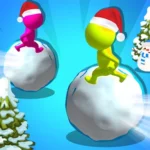 Image of two colorful stickman characters wearing Santa hats, rolling on giant snowballs surrounded by snowy trees and a snowman.