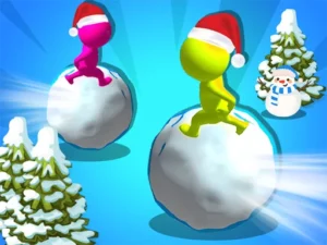 Image of two colorful stickman characters wearing Santa hats, rolling on giant snowballs surrounded by snowy trees and a snowman.