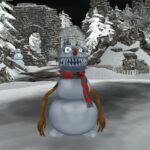 Image of a creepy snowman with sharp teeth and glowing eyes in a snowy, ruined landscape. The snowman has human-like arms and wears a red scarf.