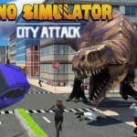 Image of a giant dinosaur chasing people and causing chaos in a modern city street. A purple car is flipped mid-air, and pedestrians are running in panic. The game title "Dino Simulator City Attack" is prominently displayed at the top.