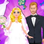 Image of a bride and groom from the Dream Wedding Planner game, featuring the bride in a white gown holding a bouquet and the groom in a black tuxedo, surrounded by wedding accessories like dresses, shoes, and flowers on a vibrant pink background.