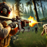 Image of a heavily armed commando in tactical gear, aiming and firing an assault rifle at a horde of advancing zombies in a dense, eerie forest. The scene captures the dramatic action, with the bright muzzle flash illuminating the chaotic battle. The setting features tall pine trees, sunlight filtering through the foliage, and multiple zombies with glowing eyes approaching menacingly in the background. The intensity and vivid detail highlight the thrilling and dangerous atmosphere of the FPS Shooting Survival Sim game.