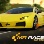 Image of a sleek yellow sports car driving on a scenic road with autumn leaves in the air, showcasing the logo of MR RACER: Car Racing.