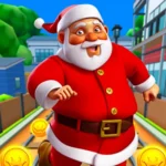 Image of Santa running on a vibrant city street surrounded by houses and trees, with golden coins scattered along the path in Santa City Run.