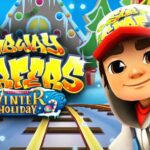 Image of a cheerful character wearing a red cap and hoodie, standing on snow-covered subway tracks with a colorful winter holiday theme in the background, featuring festive decorations and a vibrant "Subway Surfers Winter Holiday" logo.