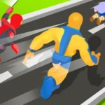 Image of superheroes racing on a vibrant road, showcasing dynamic motion and transformation with one hero in a red suit and another in yellow.