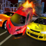 Image of three brightly colored cars colliding dramatically, with the red car at the center showing an explosion effect, set in an urban nighttime environment.