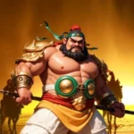 Image of a muscular warrior wearing ornate golden armor and a red headpiece, holding a long spear. The figure has a bold expression and stands confidently against a dramatic yellow-orange background with silhouettes of soldiers in the distance.