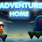 Image of the Adventure Home game thumbnail featuring a cartoon character in a hat standing on a floating platform, with a glowing door on another platform in the background, set against a cloudy sky.