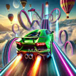 Image of a vibrant green sports car racing up a neon-lit stunt ramp with flames bursting from its exhaust. The background features looping stunt tracks, colorful hot air balloons, and a stunning mountain landscape under a bright sky.