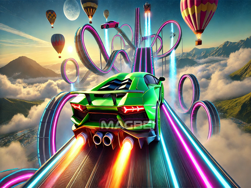 Image of a vibrant green sports car racing up a neon-lit stunt ramp with flames bursting from its exhaust. The background features looping stunt tracks, colorful hot air balloons, and a stunning mountain landscape under a bright sky.