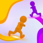 Image of two colorful cartoon-like figures racing along curved, glowing paths in vibrant orange and purple tones. The foreground character, in orange, runs confidently on a bright path, while the purple figure follows close behind on a similarly glowing path. The background features a smooth gradient of soft yellow, orange, and purple, creating a dynamic and energetic atmosphere that highlights the competitive nature of the game.