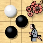 Image of a Gomoku board showcasing black and white stones strategically placed on a wooden grid, symbolizing the classic game. The background features decorative cherry blossoms and a traditional samurai figure, adding an artistic and cultural touch to the scene.