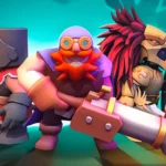 Image of three colorful, stylized characters from Mythic Auto Chess Realms, featuring a knight with armor, a wizard with a cannon, and a lion-themed warrior, standing in a vibrant fantasy setting.