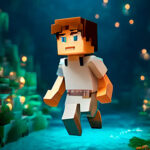 Image of a blocky, pixel-style character wearing a white outfit and appearing determined as they run through a vibrant and glowing cave environment. The cave is filled with lush green moss, glowing plants, and sparkling lights that create a mystical atmosphere. The ground is illuminated by a soft blue glow, and warm light dots float gently in the background, enhancing the depth and fantasy-like setting of the scene. The character is mid-action, emphasizing movement and urgency.