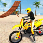 Image of a motocross rider dressed in vibrant yellow gear, seated on a yellow dirt bike on a sunny beach. The scene features palm trees scattered across the sandy landscape, a clear blue sky, and a prominent wooden stunt ramp in the background, adding a sense of adventure and excitement.