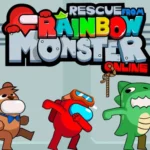 Image of three colorful and animated characters from Rescue from Rainbow Monster Online, showcasing a bear in a blue bowtie, a red figure with goggles in a running pose, and a green dinosaur standing confidently. The vibrant title "Rescue from Rainbow Monster Online" appears above them, emphasizing the fun and adventurous theme of the game.