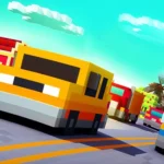 Image of a vibrant block-style yellow car speeding down a sunny road, surrounded by colorful pixelated vehicles. In the background, there are charming block-style buildings, a clear blue sky with fluffy white clouds, and a windmill adding to the lively atmosphere.
