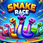 Image of colorful snakes in a vibrant arena under bright lights, showcasing the title "Snake Race" in bold letters at the top. The snakes are in various shades, including purple, green, and yellow, surrounded by colorful balls and a dynamic background featuring a festive gaming environment
